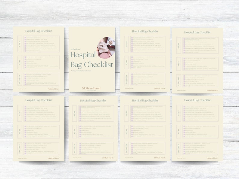 May include: A printable hospital bag checklist with the title "A Guide to Hospital Bag Checklist" and the text "Mothers Haven".