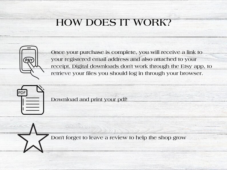 May include: How to download digital files on Etsy. A graphic shows a phone with a "Pay" button, a PDF file, and a star. The text reads "How does it work? Once your purchase is complete, you will receive a link to your registered email address and also attached to your receipt. Digital downloads don't work through the Etsy app, to retrieve your files you should log in through your browser. Download and print your pdf! Don't forget to leave a review to help the shop grow."