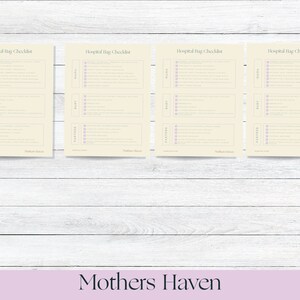 May include: Four printable hospital bag checklists with the title "Hospital Bag Checklist" and the text "Mothers Haven" at the bottom of each checklist.
