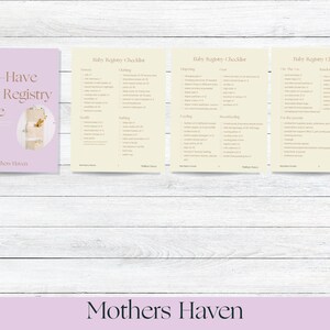 May include: A pink and white printable baby registry checklist guide with the title "Must-Have Baby Registry Guide" and the text "Mothers Haven". The checklist includes categories such as "Sleep", "Clothing", "Health", "Feeding", "Diapering", "Bathing", "Room", "Travel", "Safety", "Nursing", "The First Year", and "Random Extras".