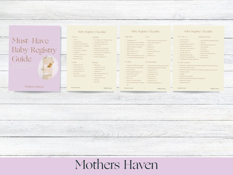May include: A pink and white printable baby registry checklist guide with the title "Must-Have Baby Registry Guide" and the text "Mothers Haven". The checklist includes categories such as "Sleep", "Clothing", "Health", "Feeding", "Diapering", "Bathing", "Room", "Travel", "Safety", "Nursing", "The First Year", and "Random Extras".