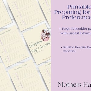 May include: A printable checklist for preparing a hospital bag for a new parent. The checklist is titled "Hospital Bag Checklist" and is designed in a light beige color with purple text. The text "Mothers Haven" is at the bottom of the checklist.