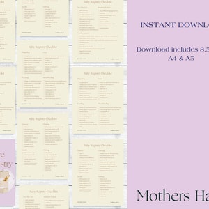 May include: A printable baby registry checklist guide with the text "Must-Have Baby Registry Guide" and "Mothers Haven". The checklist is divided into categories such as "Diapering", "Feeding", "Clothing", "Health", "Safety", and "Room". The guide is available in 8.5 x 11, A4, and A5 sizes.