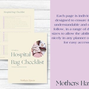 May include: A guide to hospital bag checklist printable with a cream background and a photo of a baby in a brown and white outfit. The text "A Guide to Hospital Bag Checklist" is in a green font. The text "Mothers Haven" is in a brown font.