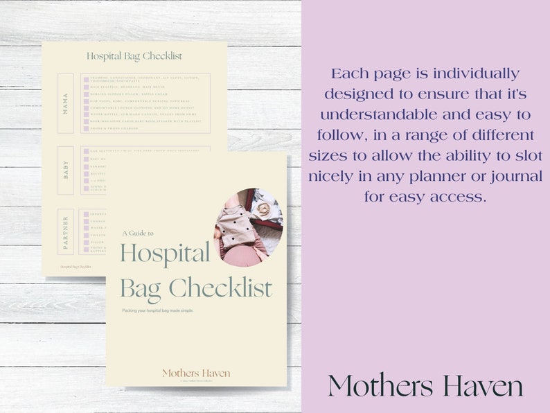 May include: A guide to hospital bag checklist printable with a cream background and a photo of a baby in a brown and white outfit. The text "A Guide to Hospital Bag Checklist" is in a green font. The text "Mothers Haven" is in a brown font.