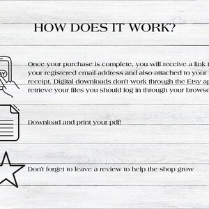 May include: How digital downloads work on Etsy. A black and white illustration of a smartphone with a "PAY" button on the screen. A hand is pointing at the screen. Below the smartphone is a black and white illustration of a PDF document. Below the PDF document is a black and white illustration of a star. The text "HOW DOES IT WORK?" is at the top of the image. The text "Once your purchase is complete, you will receive a link to your registered email address and also attached to your receipt. Digital downloads don't work through the Etsy app, to retrieve your files you should log in through your browser." is below the smartphone. The text "Download and print your pdf!" is below the PDF document. The text "Don't forget to leave a review to help the shop grow" is below the star.