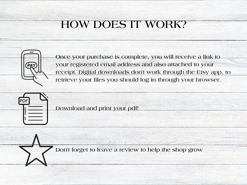 May include: How digital downloads work on Etsy. A black and white illustration of a smartphone with a "PAY" button on the screen. A hand is pointing at the screen. Below the smartphone is a black and white illustration of a PDF document. Below the PDF document is a black and white illustration of a star. The text "HOW DOES IT WORK?" is at the top of the image. The text "Once your purchase is complete, you will receive a link to your registered email address and also attached to your receipt. Digital downloads don't work through the Etsy app, to retrieve your files you should log in through your browser." is below the smartphone. The text "Download and print your pdf!" is below the PDF document. The text "Don't forget to leave a review to help the shop grow" is below the star.