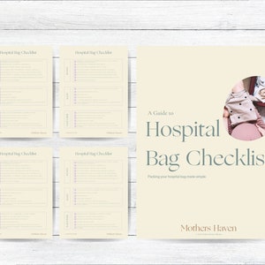 May include: A guide to packing a hospital bag checklist with a photo of a pregnant person packing a bag. The checklist is titled "A Guide to Hospital Bag Checklist" and includes the text "Packing your hospital bag made simple." The checklist is from Mothers Haven.