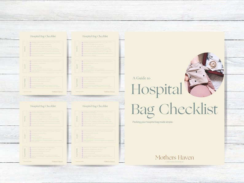 May include: A guide to packing a hospital bag checklist with a photo of a pregnant person packing a bag. The checklist is titled "A Guide to Hospital Bag Checklist" and includes the text "Packing your hospital bag made simple." The checklist is from Mothers Haven.