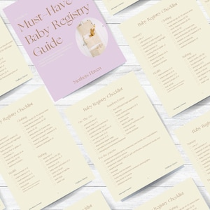 May include: A printable baby registry checklist with categories for nursery, clothing, bathing, health, on the go, and random extras. The checklist is on a cream background with brown text and checkboxes. The text "Baby Registry Checklist" is at the top of the page.