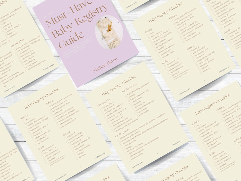 May include: A printable baby registry checklist with categories for nursery, clothing, bathing, health, on the go, and random extras. The checklist is on a cream background with brown text and checkboxes. The text "Baby Registry Checklist" is at the top of the page.