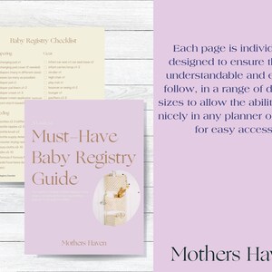 May include: A printable checklist for a baby registry with the title "Must-Have Baby Registry Guide" and the text "Each page is individually designed to ensure that it's understandable and easy to follow, in a range of different sizes to allow the ability to slot nicely in any planner or journal for easy access."  The checklist is on a light purple background with a white border. The checklist is divided into two sections: "Diapering" and "Feeding".