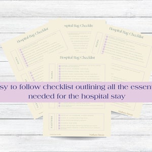 May include: A printable checklist for a hospital bag, with sections for Mama, Partner, and Baby. The checklist is on a cream background with purple text and checkboxes. The text reads "Hospital Bag Checklist".