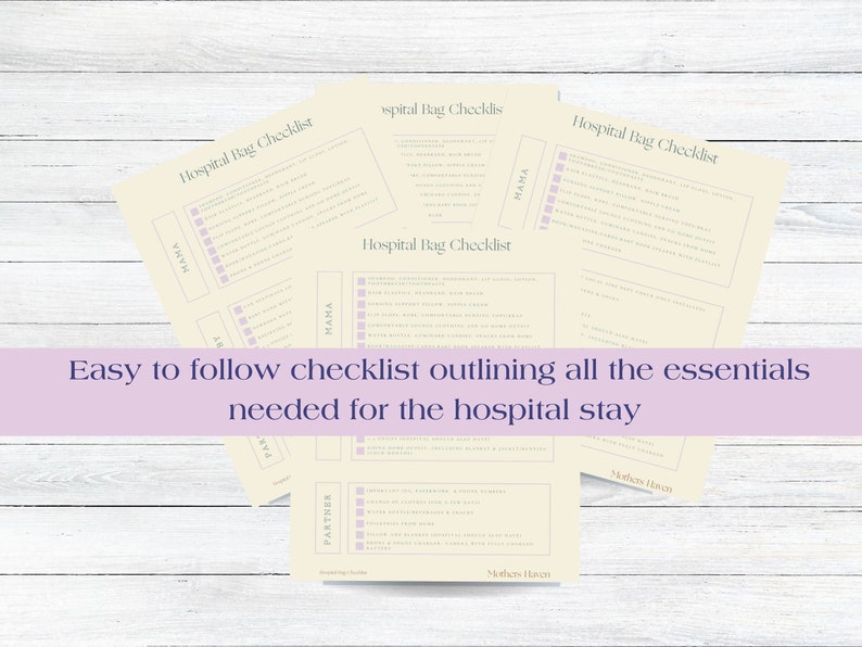 May include: A printable checklist for a hospital bag, with sections for Mama, Partner, and Baby. The checklist is on a cream background with purple text and checkboxes. The text reads "Hospital Bag Checklist".