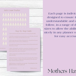 May include: A printable kick count tracker with a step-by-step guide for tracking fetal movement. The tracker features a grid of baby silhouettes and a checklist for recording kicks, rolls, and other movements. The guide provides instructions on how to track kicks and what to do if there are concerns.