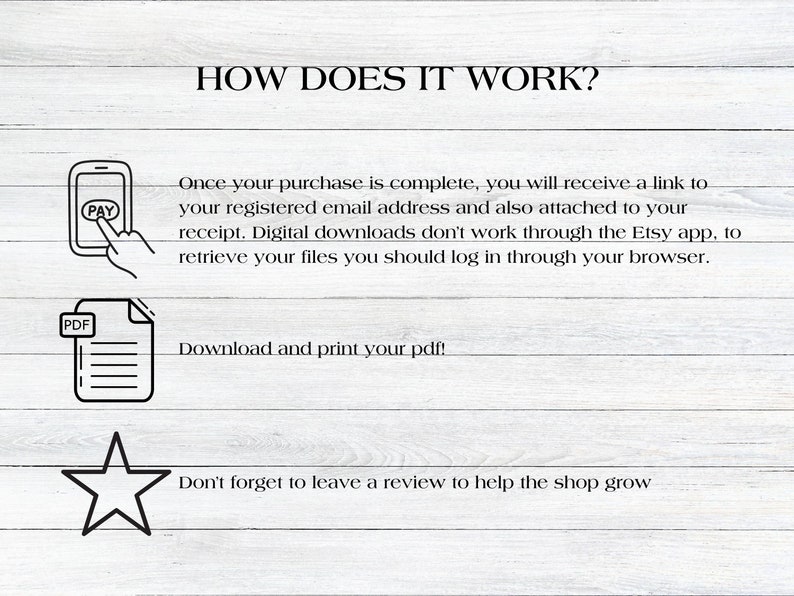 May include: A graphic illustration showing how to download digital files purchased on Etsy. The illustration shows a phone with a "Pay" button, a PDF file, and a star. The text reads: "How does it work? Once your purchase is complete, you will receive a link to your registered email address and also attached to your receipt. Digital downloads don't work through the Etsy app, to retrieve your files you should log in through your browser. Download and print your pdf! Don't forget to leave a review to help the shop grow."