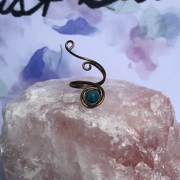 Connoisseur Ocean Blue Apatite Wire Wrap Ring, Healing Jewelry, Spiral Ring, Scroll Ring, Adjustable Ring, Spoon ring