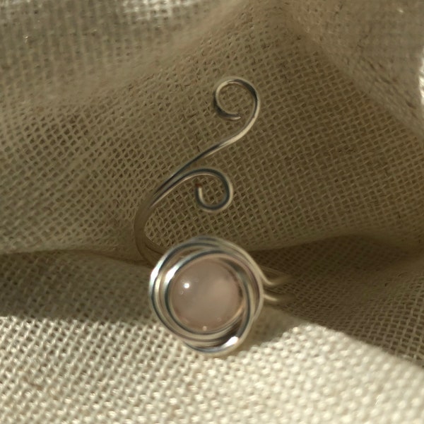 Rose Quartz Wire Wrapped Ring, Swirl Ring, Scroll Ring, Healing Ring, Adjustable Ring