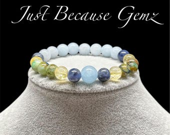 Aquamarine, Citrine, Sodalite, Crysocolla Azurite, Lt Blue Chalcedony Gemstone Bracelet, Thyroid Support, Diabetes Support, Healing Jewelry