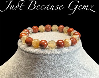Red Jasper & Golden Quartz Gemstone Beaded Stretch Bracelet, Handmade Jewelry Gift, Earthy Boho Gemstone Jewelry, Stacking Crystal Bracelets