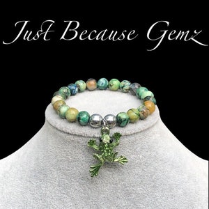Chrysocolla Azurite Gemstone Beaded Bracelet with Frog Charm, Crystal Healing Jewelry,  Thyroid and Diabetes Support, Stress relief