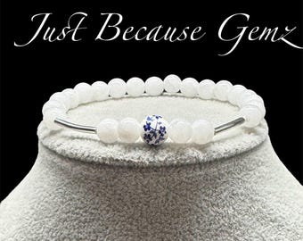 White Jade, Blue & White Toile Flower Bracelet, Minimalist Jewelry, Crystal Bracelet, Gemstone Beaded Bracelet Gift for Her, Crystal Healing