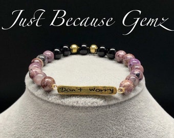 Don’t Worry Inspirational Bracelet, Gemstone Bracelet, Charoite, Onyx, Healing Support Jewelry, Courage, Reduce Stress, Stacking Jewelry