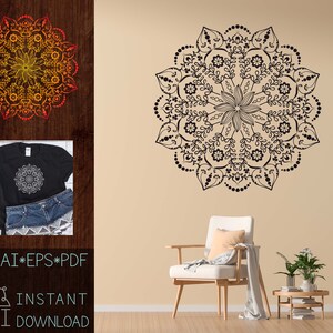 May include: A black and white mandala design with intricate floral details. The mandala is displayed on a beige wall with a white chair and a potted plant. The text "SVG*AI*EPS*PDF" and "INSTANT DOWNLOAD" is also visible.
