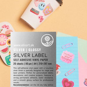Papel adhesivo plateado brillante A4 / 5 o 20 hojas / Vinilo imprimible para inyección de tinta y láser / Hojas de etiquetas plateadas impermeables para manualidades y etiquetas