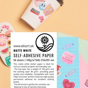 Papel adhesivo blanco mate A4 / Papel autoadhesivo imprimible para impresoras de inyección de tinta y láser / 10 o 50 hojas / 100 g/m² + 80 g/m²