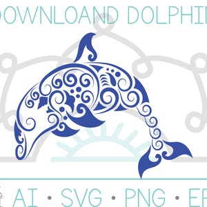 Könnte beinhalten: Eine blaue Silhouette eines Delfins mit komplizierten, wirbelnden Mustern. Der Delfin springt aus dem Wasser. AI, SVG, PNG, EPS.