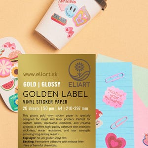 Gold glänzendes wasserdichtes Vinyl Aufkleberpapier A4 | 5 oder 20 Blatt | Luxus Printable Label Papier für Inkjet & Laser | GOLDENES LABEL