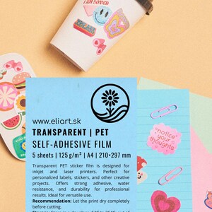 May include: Five sheets of transparent, self-adhesive PET film for inkjet and laser printers. The film is A4 size, 210 x 297 mm, and 125 g/m&sup2; in weight. The packaging includes the brand name "eliart.sk" and the text "notice your thoughts".