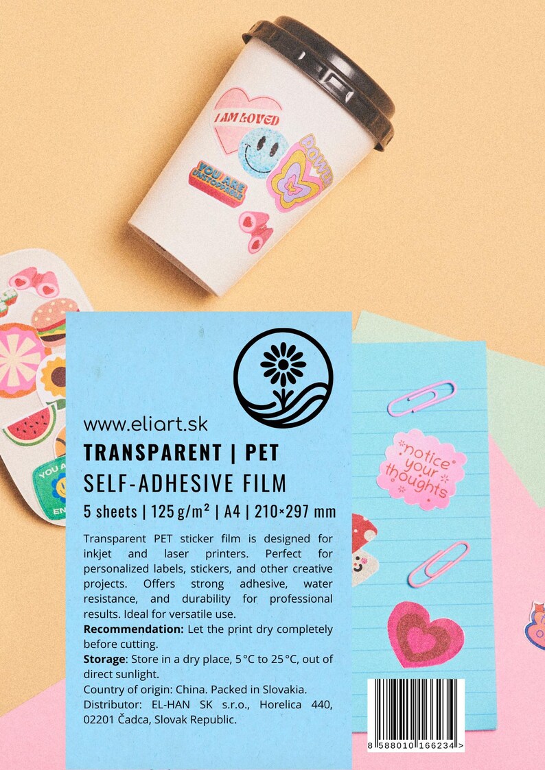 May include: Five sheets of transparent, self-adhesive PET film for inkjet and laser printers. The film is A4 size, 210 x 297 mm, and 125 g/m&sup2; in weight. The packaging includes the brand name "eliart.sk" and the text "notice your thoughts".