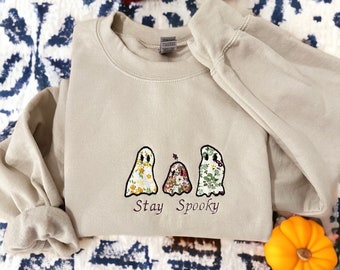 Stay Spooky Flowery Ghost Embroidered Halloween Sweatshirt