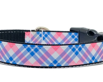 Pink Blue and White Plaid Handmade Dog Collar