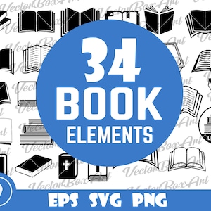 May include: A set of 34 black and white book illustrations. The illustrations include open books, closed books, stacks of books, and a book with a cross on the cover. The text "34 BOOK ELEMENTS" is in a blue circle.