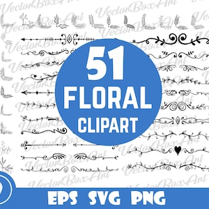 May include: A selection of 51 black floral clipart elements, including borders, corners, and decorative designs. The image features various botanical illustrations, with the text "51 FLORAL CLIPART" in a blue circle. File formats include EPS, SVG, and PNG.