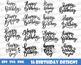 16 Happy Birthday designs svg, Birthday lettering phrases png, Happy Birthday phrases bundle, Files for Cricut Silhouette