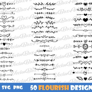 May include: A selection of 50 black and white flourish designs featuring hearts, arrows, and floral motifs. Ideal for crafting and design projects. The image includes the text "EPS SVG PNG 50 FLOURISH DESIGNS".