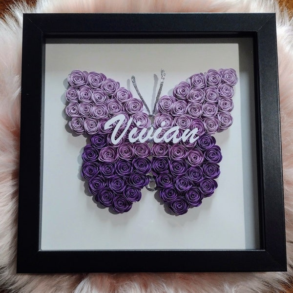 Made To Order Paper Rose Butterfly Shadow Box, Purple, Pink or Blue Ombre, Personalize, Gift For Her, Nursery Room, Kids Room