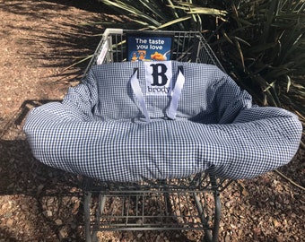 Embroidered cart cover, personalized, reversible, blue gingham shopping cart cover, high chair cover, boy shopping cart cover. monogrammed