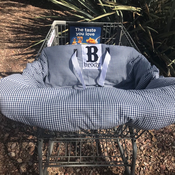 Embroidered cart cover, personalized, reversible, blue gingham shopping cart cover, high chair cover, boy shopping cart cover. monogrammed