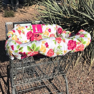 Personalized floral shopping cart cover and high chair cover with hot pink, girl shopping cart cover. monogrammed cover, baby shower gift