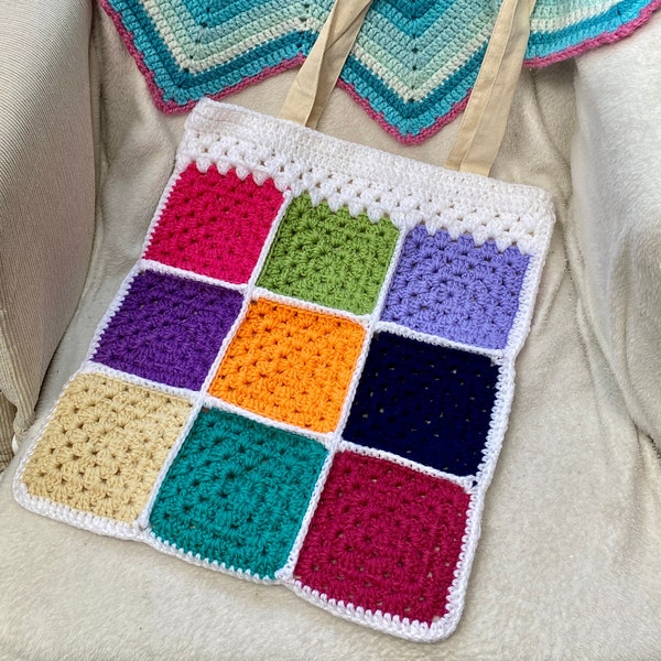 Granny Square Tote Bag, crochet bag pattern, granny squares, summer bag, PDF pattern, tote bag, DIY crochet, crochet squares, crochet a gift