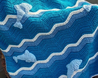 Jumping Dolphins Blanket, crochet pattern only, (UK terms), home, gift for, holiday, birthday, baby, child, sister, mum, friend, lap, cot