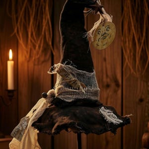 Handmade Primitive Witch Hat Shelf Sitter | Folk Art Halloween Decor, Spells Tag Old Crow co. 13