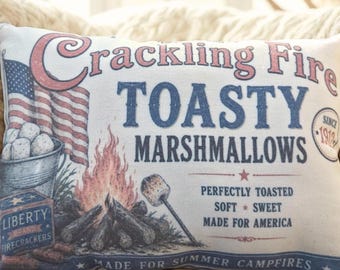 Crackling Fire Toasty Marshmallows Patriotic Pillow | Vintage Americana Decor | Rustic Farmhouse Shelf Sitter | Handmade Accent Pillow