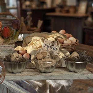 Primitive Farm Fresh Eggs Mercantile Pantry Display | Rustic Egg Bowl Shelf Sitter | Distressed Farmhouse Spring Easter Decor