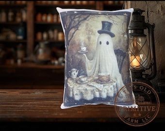 Haunted Ghost Party Primitive Pillow | Halloween Ghost Shelf Sitter | Vintage Folk Art Farmhouse Decor 9x11